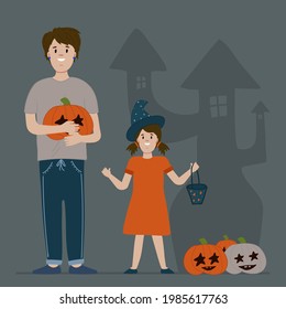 Happy Halloween with the people. Children in cute outfits for the holiday. Postcard for the November holiday. Child in a witch costume vector illustration. Vector illustration