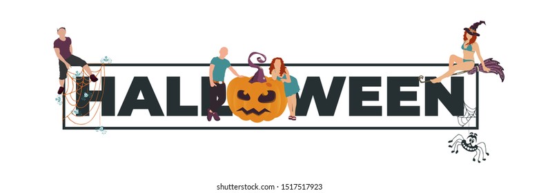 Happy Halloween people frame. Pumpkin with scary face, girl in witch hat and broomstick, giant spider web net with many spiders. Color vector illustration for party banner, poster, flyer