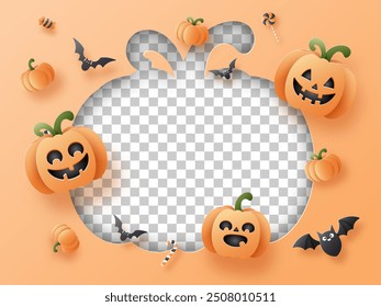 Happy Halloween, A photo frame among smiling pumpkins and candy.