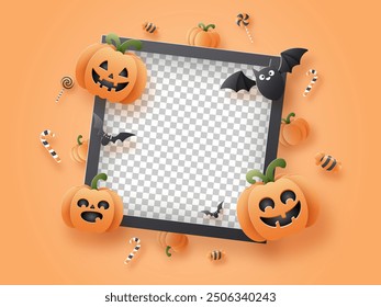Happy Halloween, A photo frame floating among smiling pumpkins and candy.