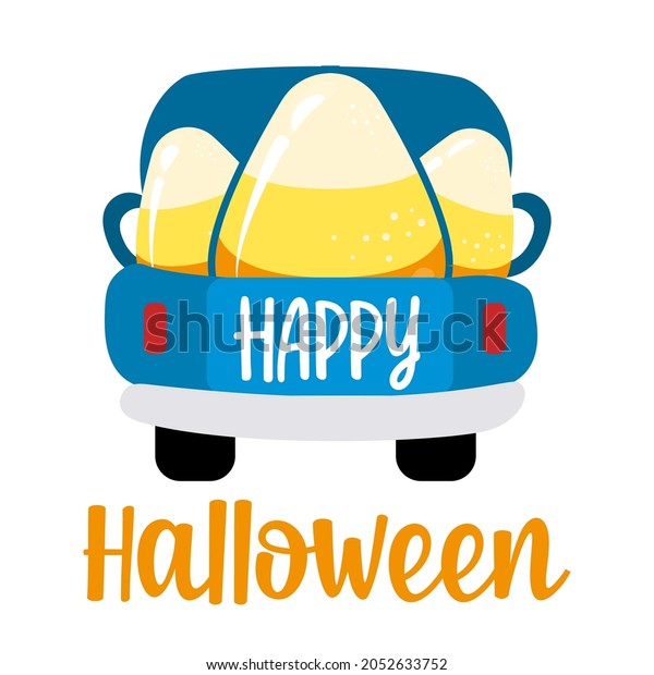 Happy Halloween -\
Pickup truck delivers candy corn. Design for markets, restaurants,\
flyers, cards, invitations, stickers, banners. Cute hand drawn\
hayride or old pickup\
truck.
