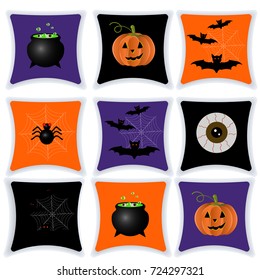 Happy Halloween. Pillow with Halloween drawings. Set of cushions for the interior. Cartoon. Vector.