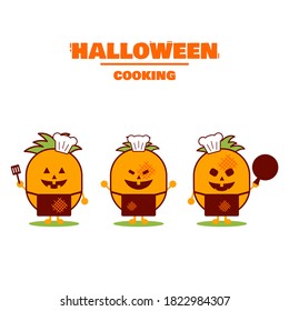 Feliz Halloween. Carácter de chef de piña. Un personaje de piña sonriente. Caricatura adorable estilo piña. Cocina de Halloween. Vector de ilustración.