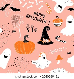 Happy Halloween pink background. Lettering. Pumpkins, bats, spiders, cute ghosts, mushrooms, cupcakes, dots and bones. Doodle  Vector seamless pattern