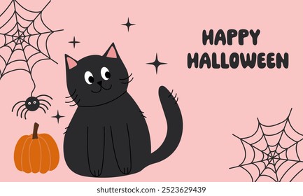 Happy Halloween pink banner.  Cute cat, pumpkin, spider, web