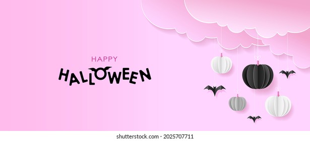 Happy Halloween pink banner or party invitation background with clouds, bats and pumpkins in paper cut style. Vector illustration.