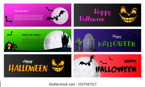 Happy Halloween pink, black, green banner set with pumpkins. Halloween, October, trick or treat. Lettering can be used for greeting cards, invitations, announcements