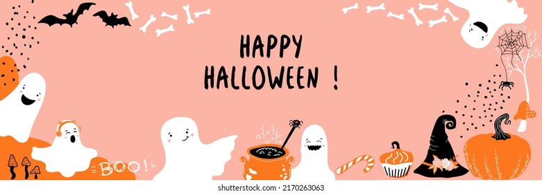 Happy Halloween Pink Border. Lettering. Pumpkins, Bats, Cute Ghosts, Mushrooms, Cupcake And Bones. Doodle Banner. Vector Frame