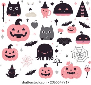 Happy halloween pink cute vector set