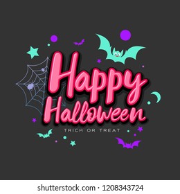 Happy Halloween pink message with colorful bat on black background, vector illustration