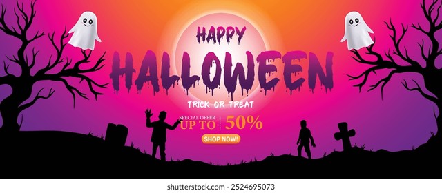 Happy Halloween with pink and purple background, zombies shadow, ghosts and 50% offer, shop now