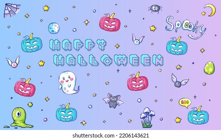 Happy halloween pixel art gradient background for poster, promo sale banner or decoration. Cute pumpkins, ghosts and modern pixel art elements.