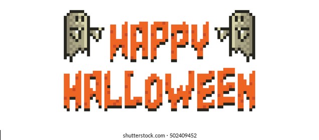 Happy Halloween Pixel Banner with Ghosts on White Background.