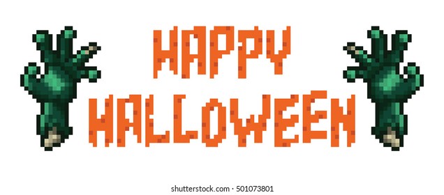 Happy Halloween Pixel Banner with Zombie Hand on White Background.