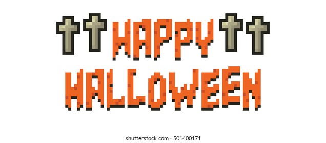 Happy Halloween Pixel Banner with Zombie Hand on White Background.