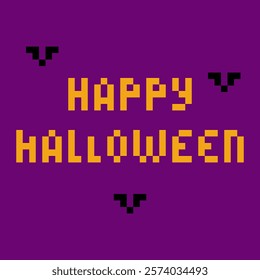 Happy Halloween Pixel Text and decorative bats on violet background in trendy festive hues Pixel Art