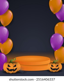 Feliz halloween podium banner fundo mínimo cena para produtos vitrine com balões ilustração