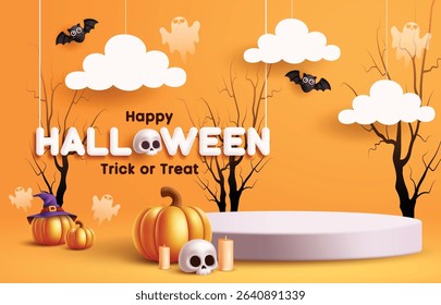 Happy Halloween podium clipart background design. Trick or treat stage clip art for product promotion sale with happy Halloween greeting, cloud paper cut and pumpkins spooky elements in scary yellow 