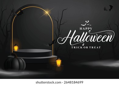 Happy Halloween podium clipart background design. Halloween trick or treat text clip art with black podium and pumpkin for holiday product display presentation in scary dark horror background vector 