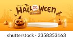 Happy Halloween podium, pumpkin candle, and bat on yellow banner design background, Eps 10 vector illustration
