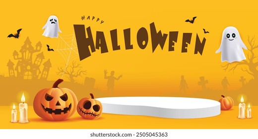 Happy Halloween podium, pumpkin, candle, white ghost and bat on yellow banner design background, Eps 10 vector illustration