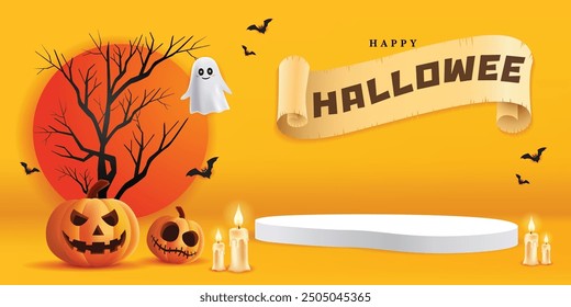 Happy Halloween podium, pumpkin, candle, white ghost and bat on yellow banner design background, Eps 10 vector illustration