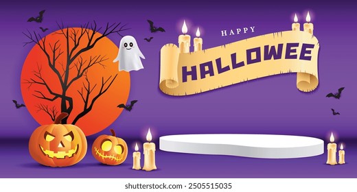 Happy Halloween podium, pumpkin, candle, white ghost and bat on violet banner design background, Eps 10 vector illustration