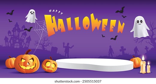 Happy Halloween podium, pumpkin, candle, white ghost and bat on violet banner design background, Eps 10 vector illustration