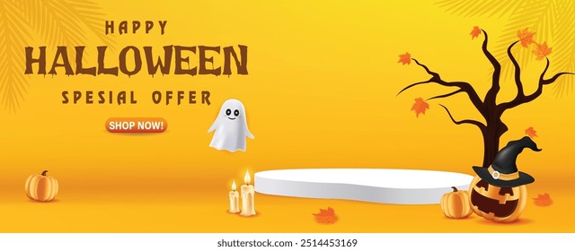 Happy Halloween podium, pumpkin, candle, white ghost and bat on yellow banner design background, Eps 10 vector illustration	
