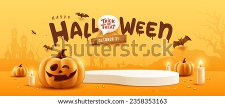 Happy Halloween podium, pumpkin candle, and bat on yellow banner design background, Eps 10 vector illustration
