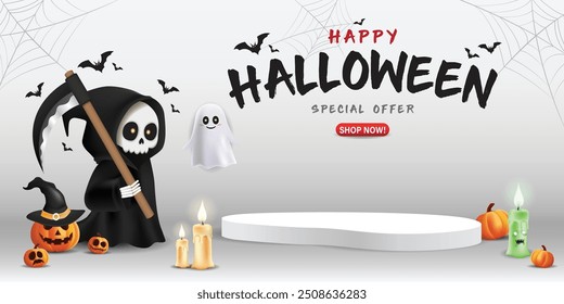 Podio de Halloween feliz, calabaza, segador sombrío, vela, fantasma blanco y murciélago sobre fondo de diseño de Anuncio gris blanco, Ilustración vectorial Eps 10