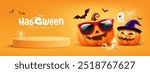 Happy Halloween podium, pumpkins face action, smiling face, bat flying, banner design on yellow background, Eps 10 vector illustration