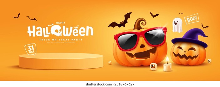 Happy Halloween podium, pumpkins face action, smiling face, bat flying, banner design on yellow background, Eps 10 vector illustration