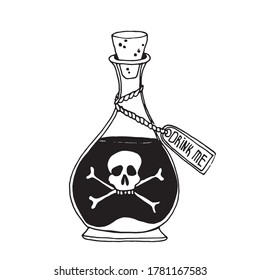 Happy Halloween. Poison in a bottle. Bottle icon with poison sticker, skull with crossbones on a white background. Isolated object. Boho style sticker, patch, print. Halloween design element.