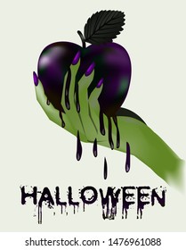 Happy halloween. Poisoned apple and witch, vector illustration