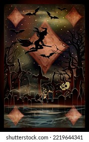 Happy Halloween poker diamonds card, cemetery , skeleton and witch, vector illustration	