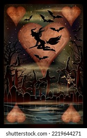 Feliz Halloween tarjeta de corazones de póquer, cementerio y bruja, ilustración vectorial	