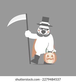 happy halloween with polar bear, scythe and pumpkin, flat vector illustration cartoon character design