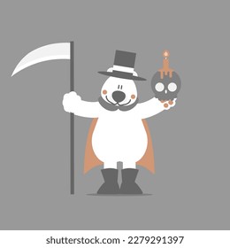 happy halloween with polar bear, skull and scythe, flat vector illustration cartoon character design