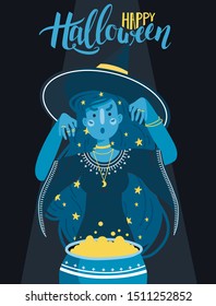 Happy Halloween posccard blue witch with stars on hair. Modern vector illustration foe web or print. Cartoon character.