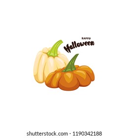 Happy Halloween post card design. Simply vector illustration with cartoon orange pumpkin and lettering elements.