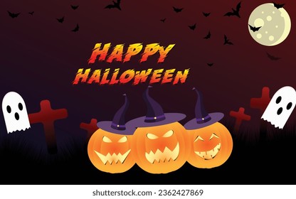Happy Halloween post card design with scary pumpkin face, ghost, flying fox, full moon, 3d text, Halloween banner design, Ideal for Halloween promotions, invitations, and decorations, vector art 