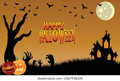 Happy Halloween post card design with scary pumpkin face, hunted house, flying fox, full moon, 3d text, Ideal for Halloween promotions, invitations, and decorations, vector art illustration