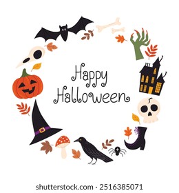 Happy Halloween post card design. Spooky holiday traditional symbols collection. Vector illustration isolated on white.