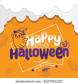 Happy Halloween post card design illustration in paper cut style