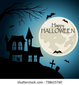 Happy halloween post card. House with cemetery silhouette with bats and lettering