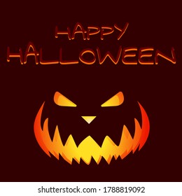 Happy Halloween post card. Halloween square greeting with spooky pumpkin grin on dark brown background. Vector cartoon Illustration.