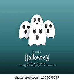 Happy Halloween Post and Greeting Card. Modern and Minimal Halloween Background with Cute Ghost Character and Trick or Treat Vector Illustration