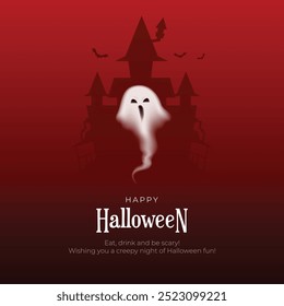 Feliz Halloween Post y Tarjeta de Felicitación. Moderno y mínimo fondo de Halloween con lindo personaje fantasma y truco o trato Ilustración vectorial