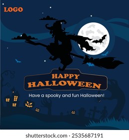 Happy Halloween Post October 31st, is a spooky-themed holiday Celebrating Halloween . Halloween post Witch bat pumpkin sky Happy Halloween Social media post Trick or Treat post vector illustration